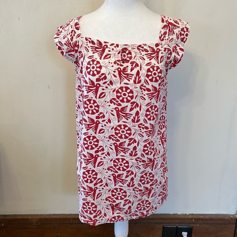 Tea Collection red white bird floral cap sleeve cotton dress Size 8 EUC